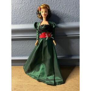 Elegant Christmas Doll Emerald Green Gown Red Bow Holiday Collectible